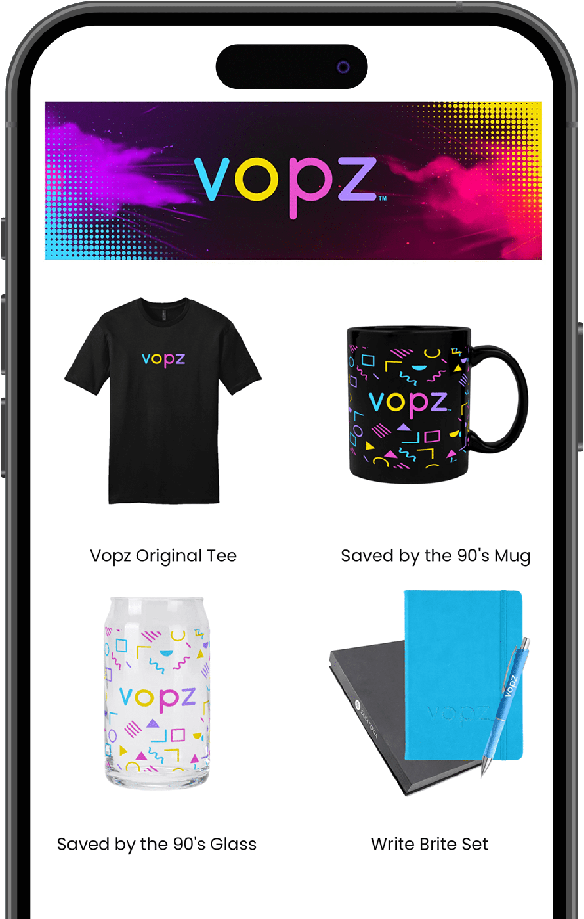Mobile device displaying vopz corporate company store
